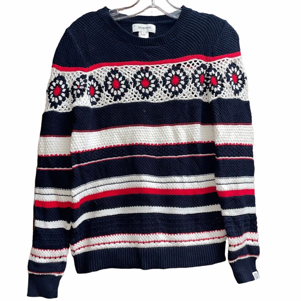 Desigual S Red White & Blue Crochet Granny Square Sweater - Picture 2 of 6